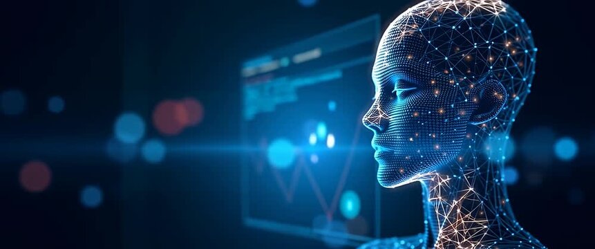 AI digital interface with glowing network nodes animates against a futuristic background, camera slowly pans right, creating a cinematic and immersive technology experience.