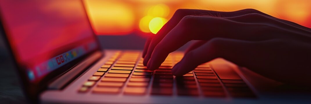 Woman hands typing on laptop keyboard. Warm, golden light of sunset, creating silhouette effect and beautiful bokeh in background - Powered by Adobe