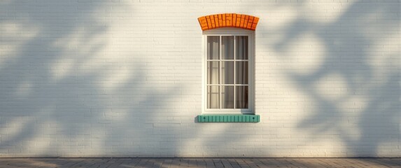 Building with white painted bricks accented by orange and teal on window sill and door jamb