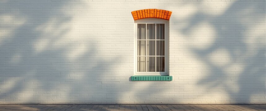 Building with white painted bricks accented by orange and teal on window sill and door jamb