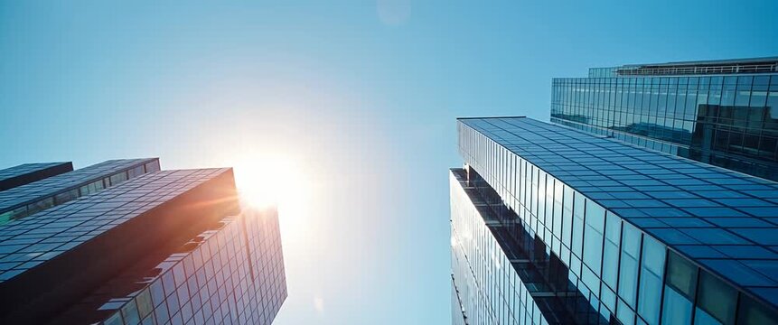 Cinematic urban skyline with modern skyscrapers towering under a bright sun, gentle clouds drifting, and a slow upward pan capturing architectural grandeur and city life dynamics.