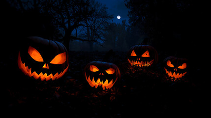 Eerie pumpkins in moonlit forest