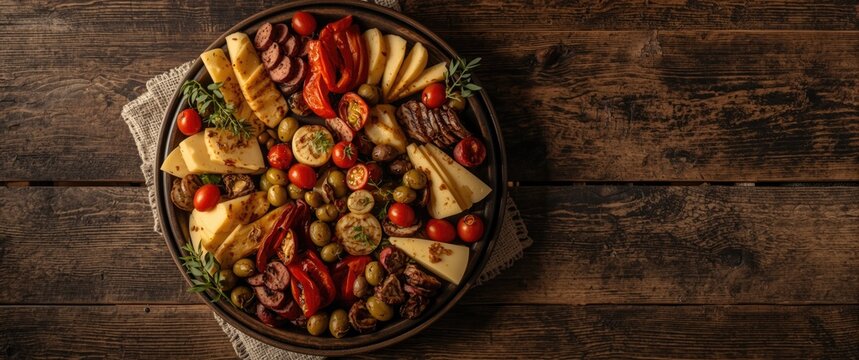 Assorted Spanish tapas starters on a dark brown wooden surface