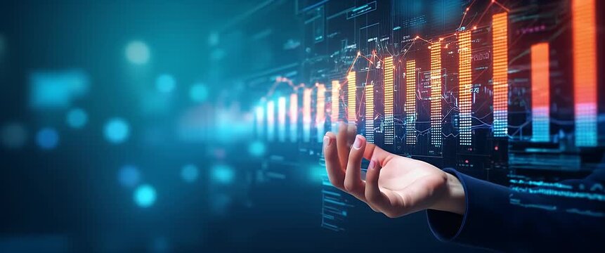 A hand gestures beneath a floating digital graph, with dynamic data points glowing and shifting; the camera slowly pans across the scene, enhancing the futuristic, cinematic ambiance.