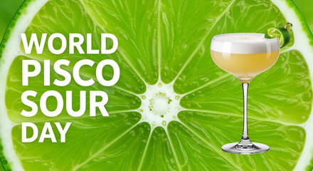 Celebrate world pisco sour day with a refreshing cocktail against a vibrant lime background