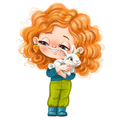 Cute red-haired girl in rubber boots holds a fluffy rabbit in her arms