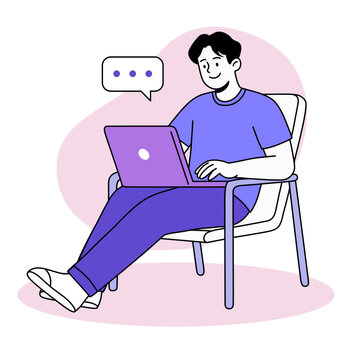 Vector Flat Illustration | Young man working from home illustration using laptop for remote work communication
