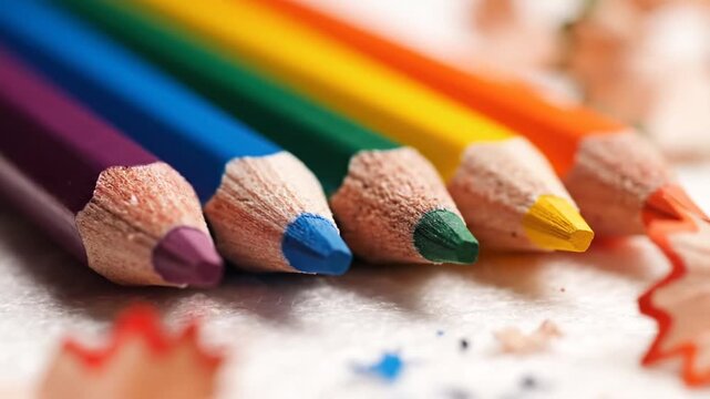 Detailed macro view of assorted vibrant sharpened wooden pencils organized in a diagonal pattern across a neutral minimalist backdrop, highlighting colorful artistic stationery supplies.