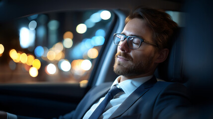 Defocused businessman resting in autopilot vehicle self driving car cruise mode head up display interface autonomous navigation system digital instrument panel smart transport