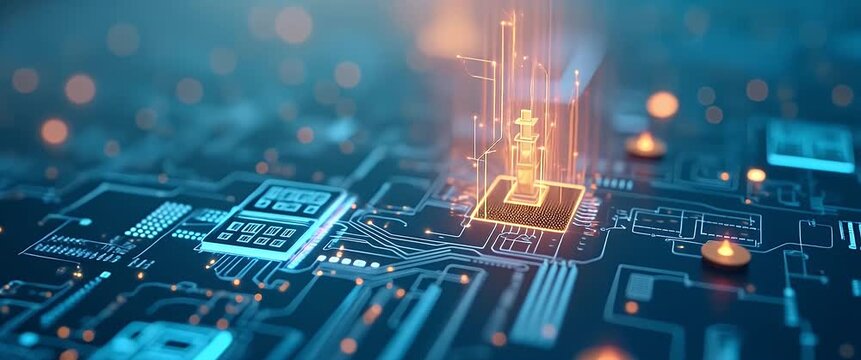 Futuristic microchip circuit board glowing with dynamic neon lights, as camera smoothly pans across intricate electronic pathways in a cinematic, high-tech atmosphere.