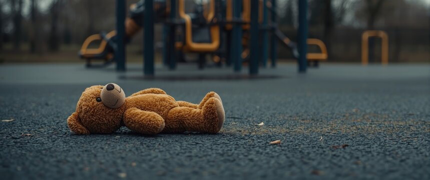 An abandoned brown bear doll rests on the wet playground, capturing feelings of loss on a gloomy day.