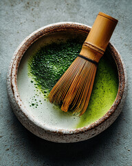 Ceramic bowl of matcha tea with bamboo whisk vibrant green beverage.
