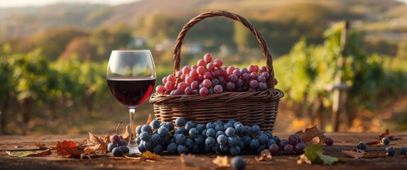Obraz premium Autumn vineyard setting with blue grapes, a red wine glass, and a wicker basket filled with fresh red grapes