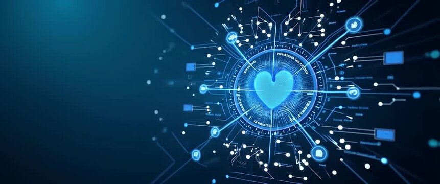 Futuristic digital heart pulsates amid dynamic network connections, while the camera smoothly pans across a glowing, high-tech interface in a cinematic, tech-focused style.