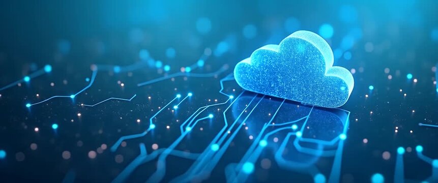 Glowing digital cloud icon hovers above circuit board, lights flicker gently; camera slowly pans across the futuristic, cinematic technology landscape, highlighting innovation and connectivity.