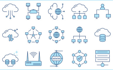 A set of flat icons related to Cloud Computing. Network, cloud, database, transfer, internet, computers, and so on.