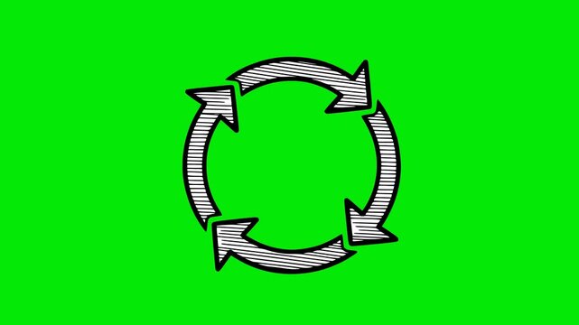 Animated hand-drawn loading throbber with rotating arrows. Black and white sketch style on a chroma key green screen background. Ideal for process, update, or buffering concepts