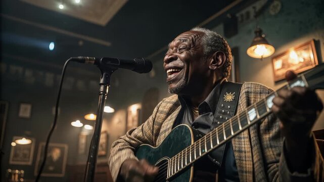 Old man playing blues guitar in a club