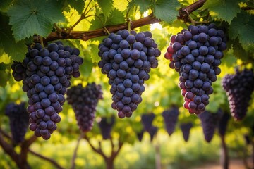 Obraz premium Bunches of luscious wine grapes suspended on green vine branches