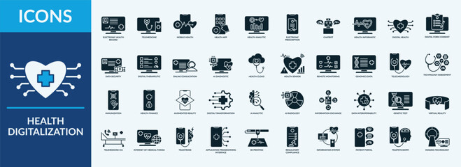 Health digitalization - Icon Collection. Thin Glyph solid Set contains such Icons as digital form consent, digital health, digital therapeutic, and more. Simple web icons set