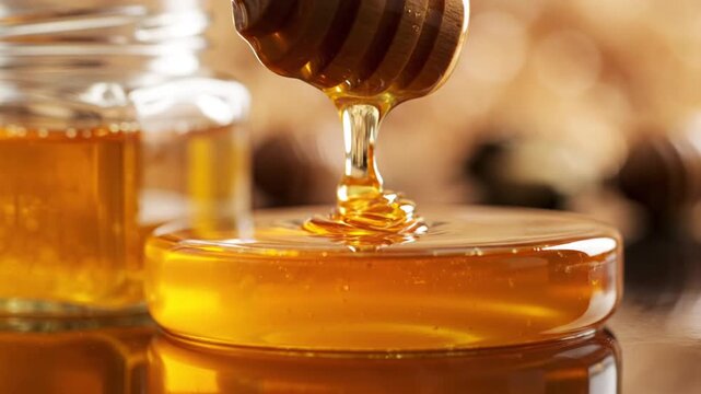 Macro view of luscious amber nectar cascading from a timber spindle into a transparent container, pure liquid gold glistening in soft light, high resolution 4K capture of viscous sweet syrup.