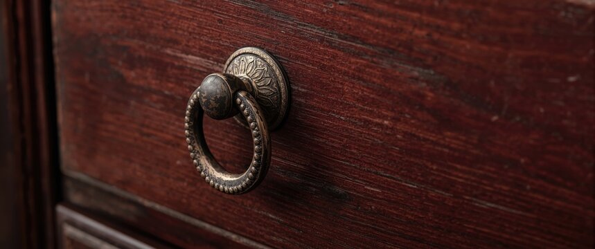 Antique ring-pull handle on rubber-wood drawer with dark reddish varnish