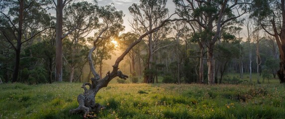 Beautiful landscape featuring a small dead tree with large thriving forest trees in the background