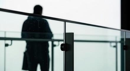 Naklejka premium Silhouette of a person standing behind a modern glass railing against a bright background
