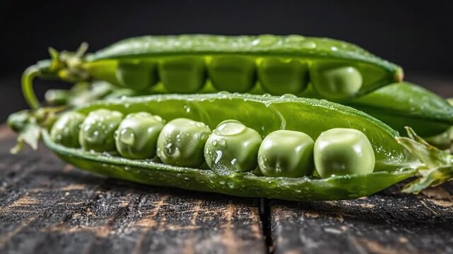 Macro detail of vibrant organic emerald legume seeds within split pods lying upon a rustic timber table against a moody black backdrop showing fresh green peas inside open shells on dark wood.