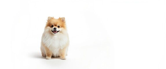 Fototapeta premium Cute fluffy fur pomeranian pet resting on a white backdrop