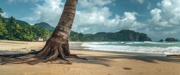 Fototapeta premium Strongly hanging pandanus palm root extending into the ground