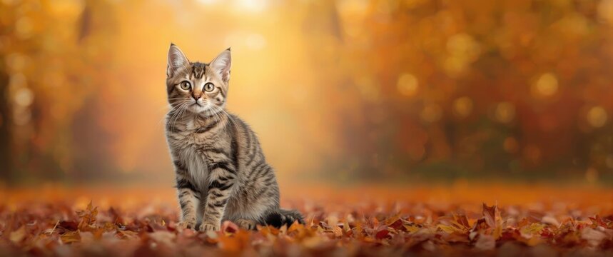 Autumn-colored European shorthair cat against a blurred backdrop