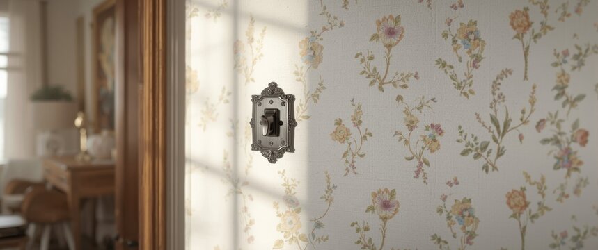 Old-fashioned light switch paired with vintage wallpaper