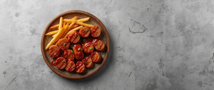 Top view of traditional German currywurst with French fries, served as takeaway, gray background