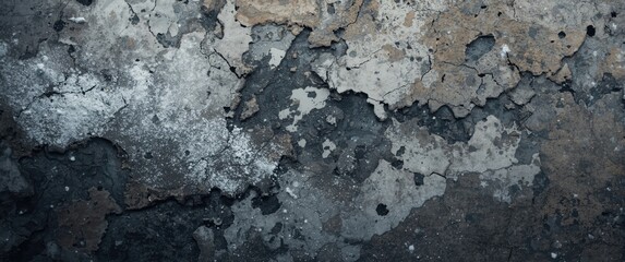 Close-up of a rough, textured surface covered in snow, showcasing shades of gray and white