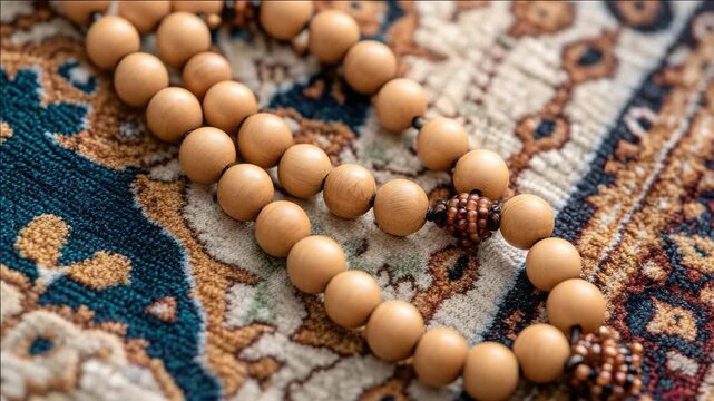 A beaded bracelet with wooden and brown beads resting on a traditional pattern rug.