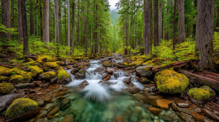 Cascading Stream Through Lush Forest A Serene Nature Scene.