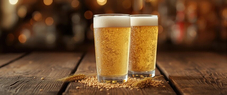 Beer glasses filled with light beer and barley on wooden table with copy area