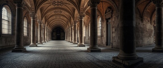 Obraz premium Long hallway featuring columns, vaulted ceiling, mosaic flooring, and barred windows emphasizing history and design