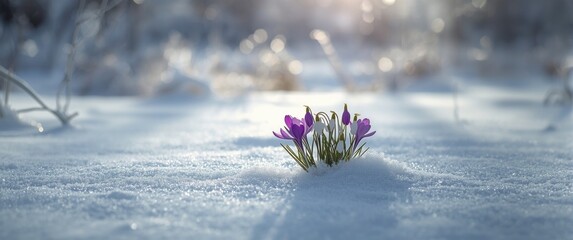 Naklejka premium Snow-covered landscape with wild spring flowers