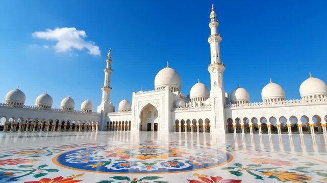Sheikh Zayed Mosque Exterior View with Domes and Minarets.