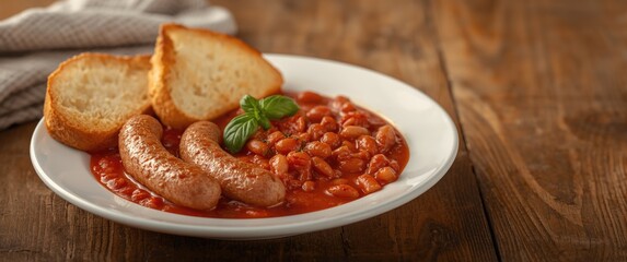 Dish with two sliced bread toasts, sausages, and tomato beans on a plate