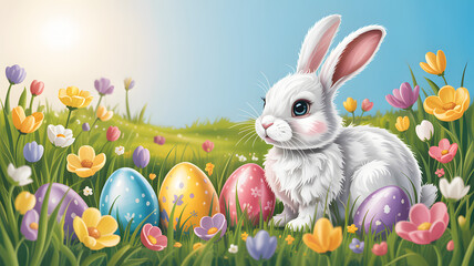 Easter bunny in a vibrant tulip field with colorful eggs