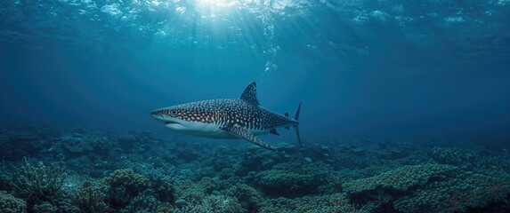Fototapeta premium Tiger Shark Swimming Near the Surface in Blue Waters