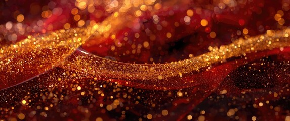 Golden particles floating in a red liquid with an enigmatic glistening fluid background