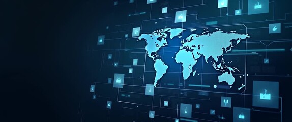 Global data network animation with a cinematic world map overlay; gentle ambient light flickers and a slow camera pan enhance the digital landscape, emphasizing connectivity and technology. - Powered by Adobe