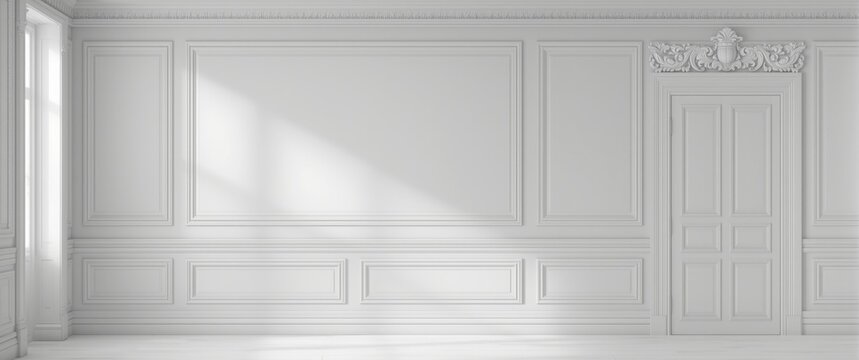 Vintage-style interior with a plain wall, decorative panels, and moldings. Render photo mock-up.