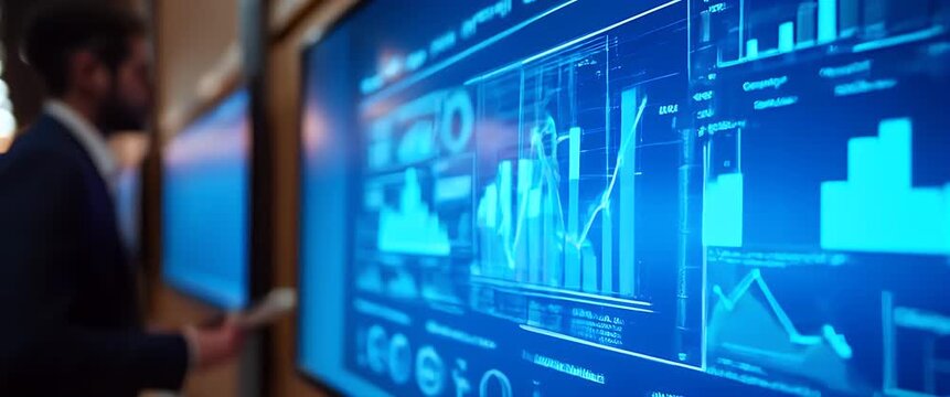 Dynamic business environment with a sleek digital interface displaying real-time analytics, as a professional walks by; camera slowly pans across, capturing the bustling office in cinematic style.