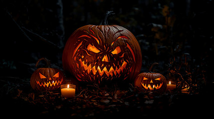 Eerie jack-o'-lanterns in dark forest