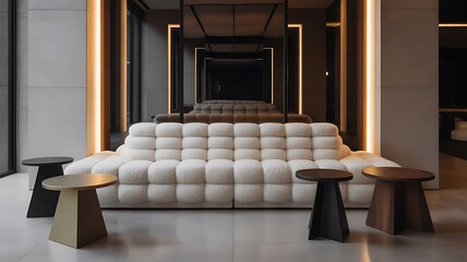 Modern white bubble sofa in a sleek, minimalist lobby setting with ambient lighting, paired with round wooden coffee tables.